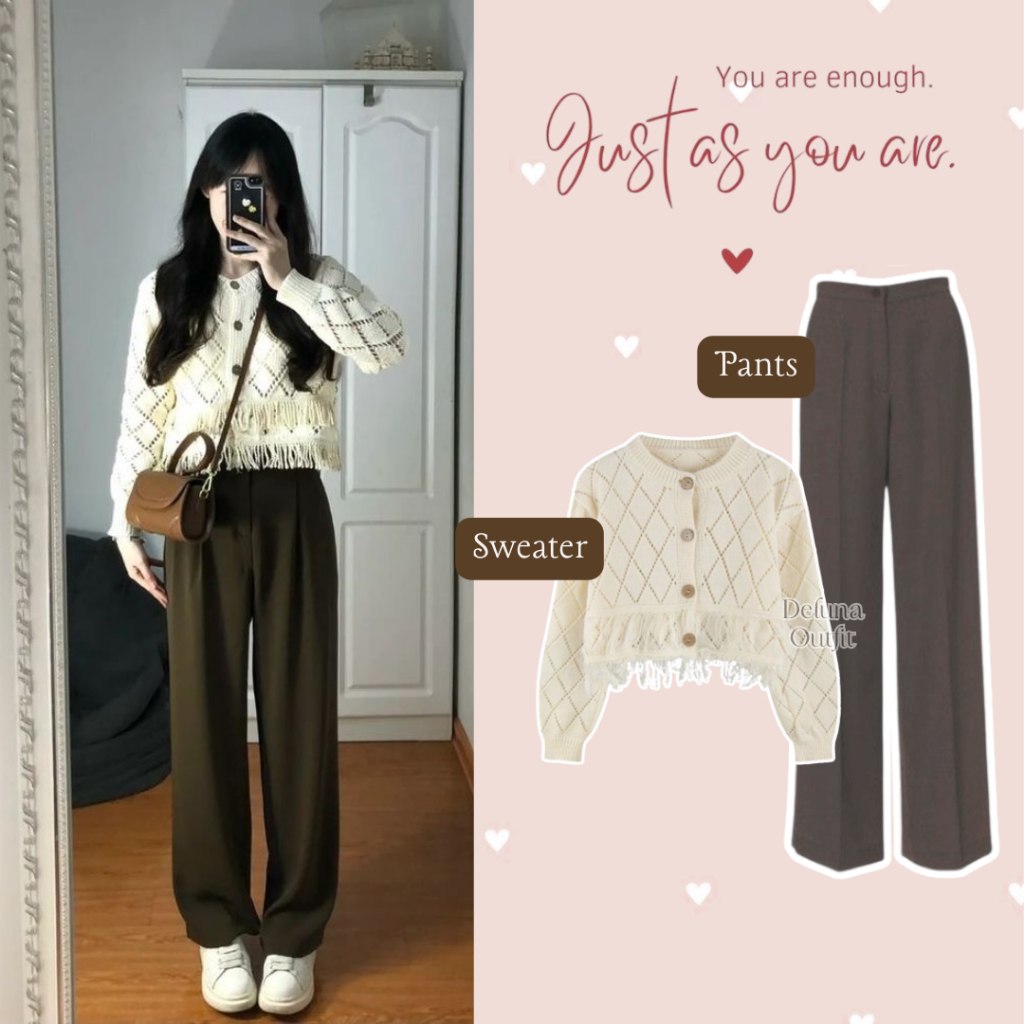 DelunaOutfit - One Set Wanita Kekinian Korean Style Simple Chic Sweater Pants OOTD Hangout Set AD448