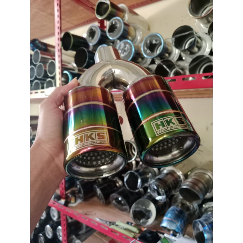 knalpot mobil racing cabang dua rainbow full stenlis steel suara bass adem bulet empuk