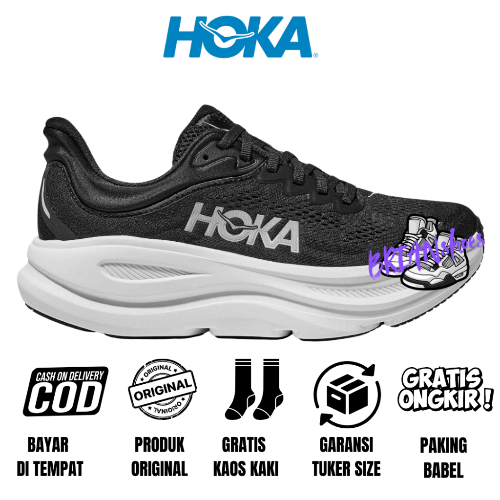 Sepatu Lari Pria Hoka Original Hoka Bondi 9 Black White
