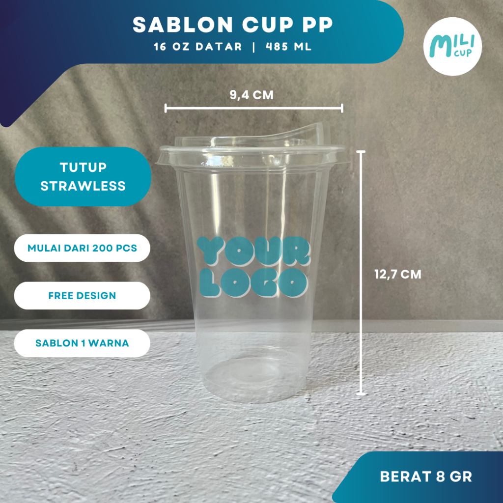 Sablon Gelas Cup Plastik PP 16 Oz Datar / Oval + Tutup Strawless / Tanpa Tutup