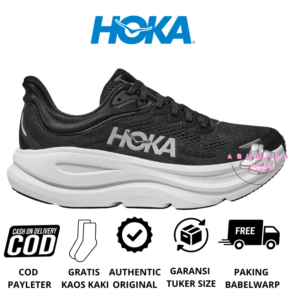 Sepatu Lari Pria Hoka Original Hoka Bondi 9 Black White