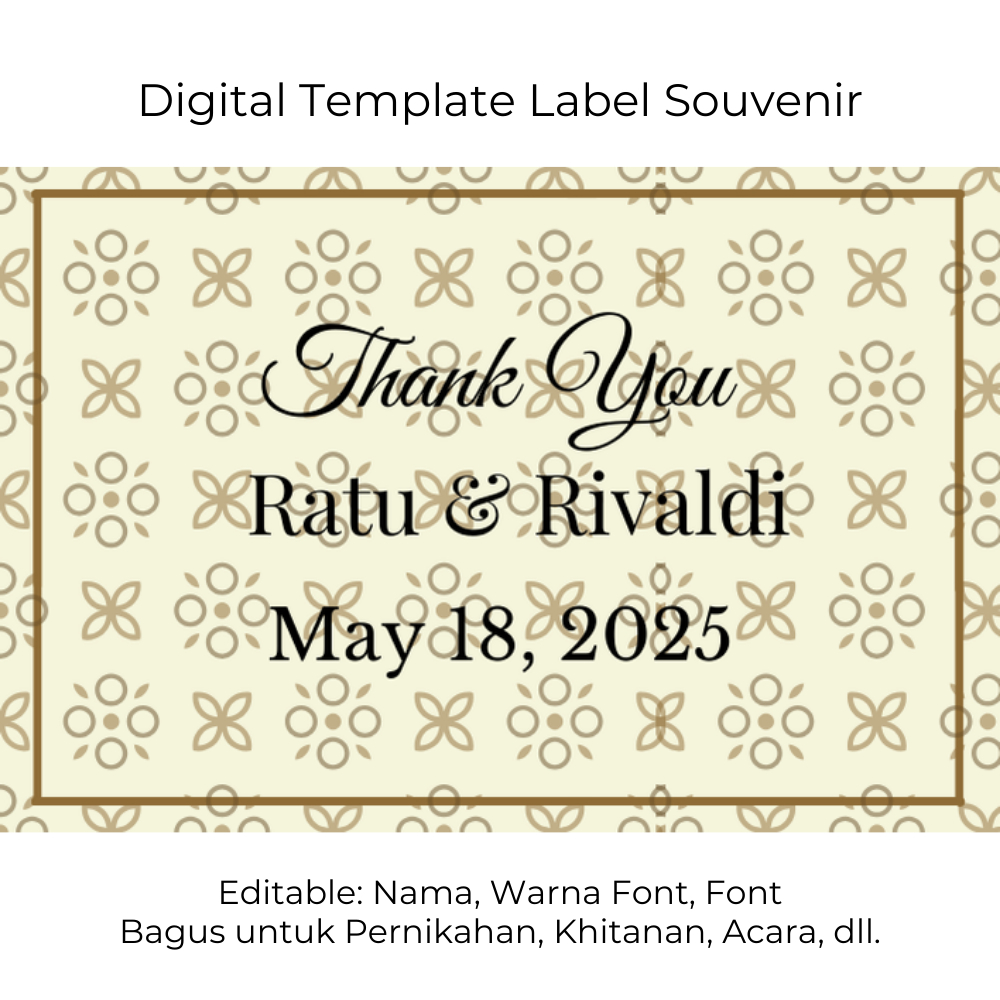 

Label Souvenir Pernikahan Custom – Desain Batik Elegan, Nama & Tanggal Bisa Edit