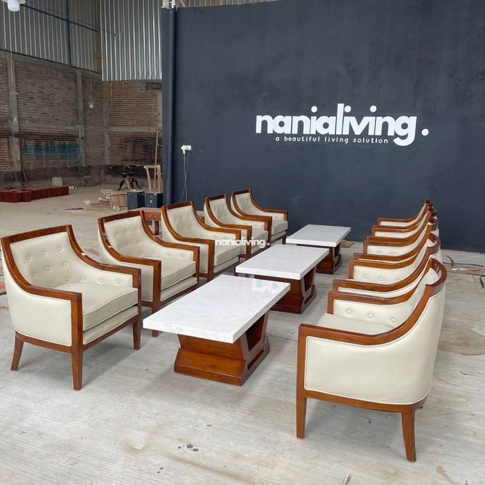 set sofa tamu jati dengan meja marmer mewah minimalis jati