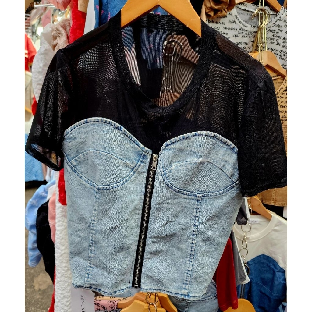 SALE MURAH kaos Baju kombinasi twotone mix jeans denim Bangkok BKK with tule chani promthong gavana