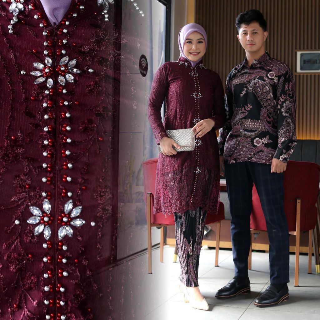 Viana Busana - Couple Kebaya Tunik Kimono Tulle Payet Dan Hem Batik Pria Lengan Panjang / Kebaya Cou
