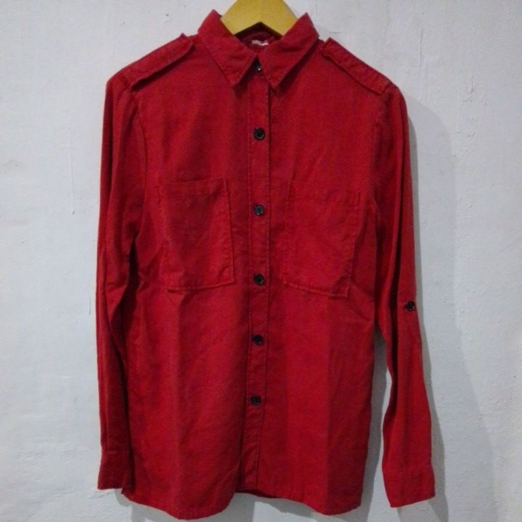 054 ATASAN KEMEJA KATUN DENIM JEANS WANITA MERAH IMPORT