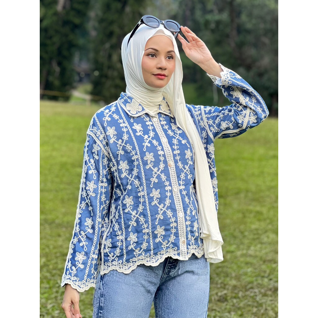 Ounadoutfit - SHOPIA Shirt - kemeja wanita bordir premium - atasan kekinian import motif bunga - blo