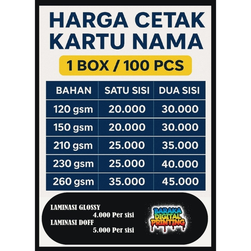 

Cetak kartu nama 1Box isi 100 pcs kualitas Licin dan mengkilat bahan art paper