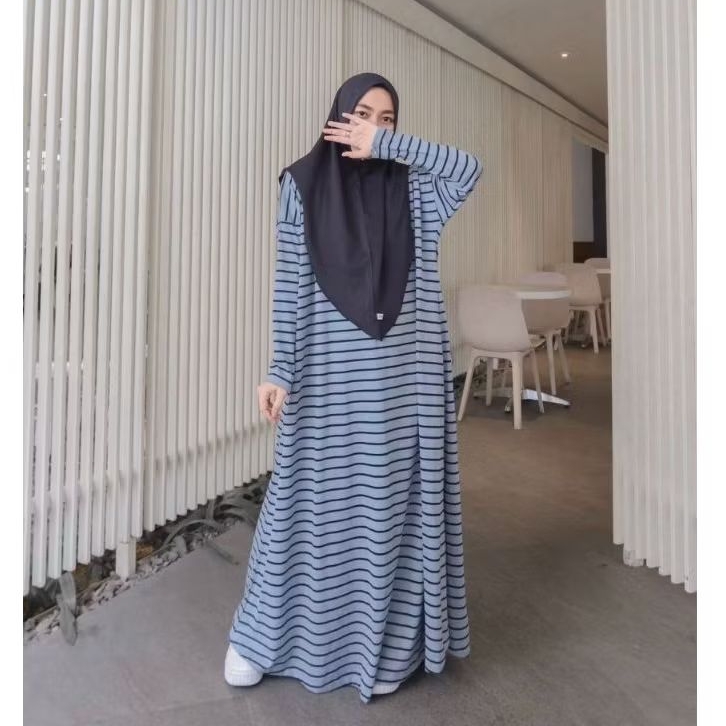 GAMIS SET (GAMIS + BERGO) STRIPE COTTON BY ZAFEETRI | FREE GIFT | GAMIS KAOS KATUN