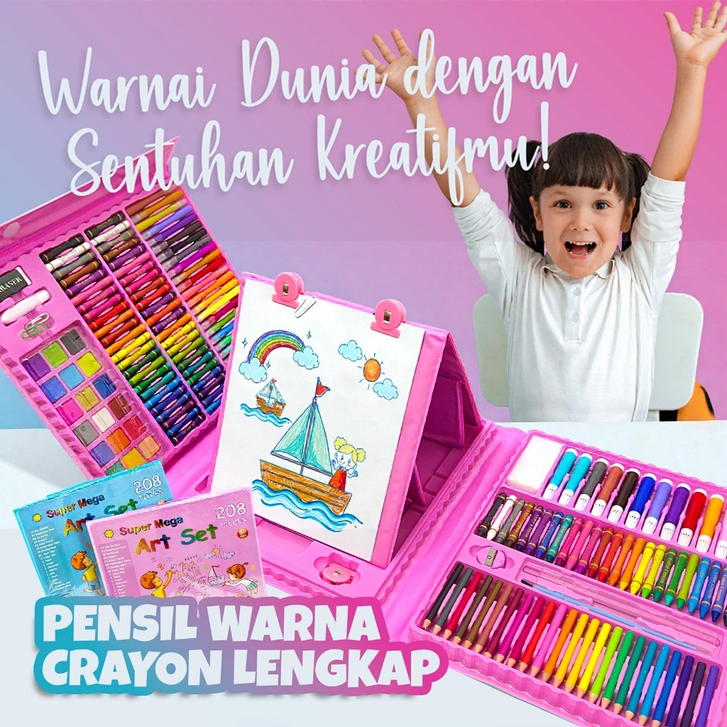 KRAYON WARNA ART SET 208 PENSIL WARNA CRAYON WARNA SET 208 pcs Kotak Biru Pink
