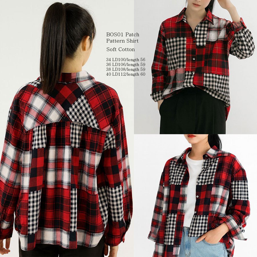 [shp] S OLIVER 01 Patchwork Pattern Shirt -  Baju Atasan Kemeja Lengan Panjang Motif Kotak-Kotak Wan