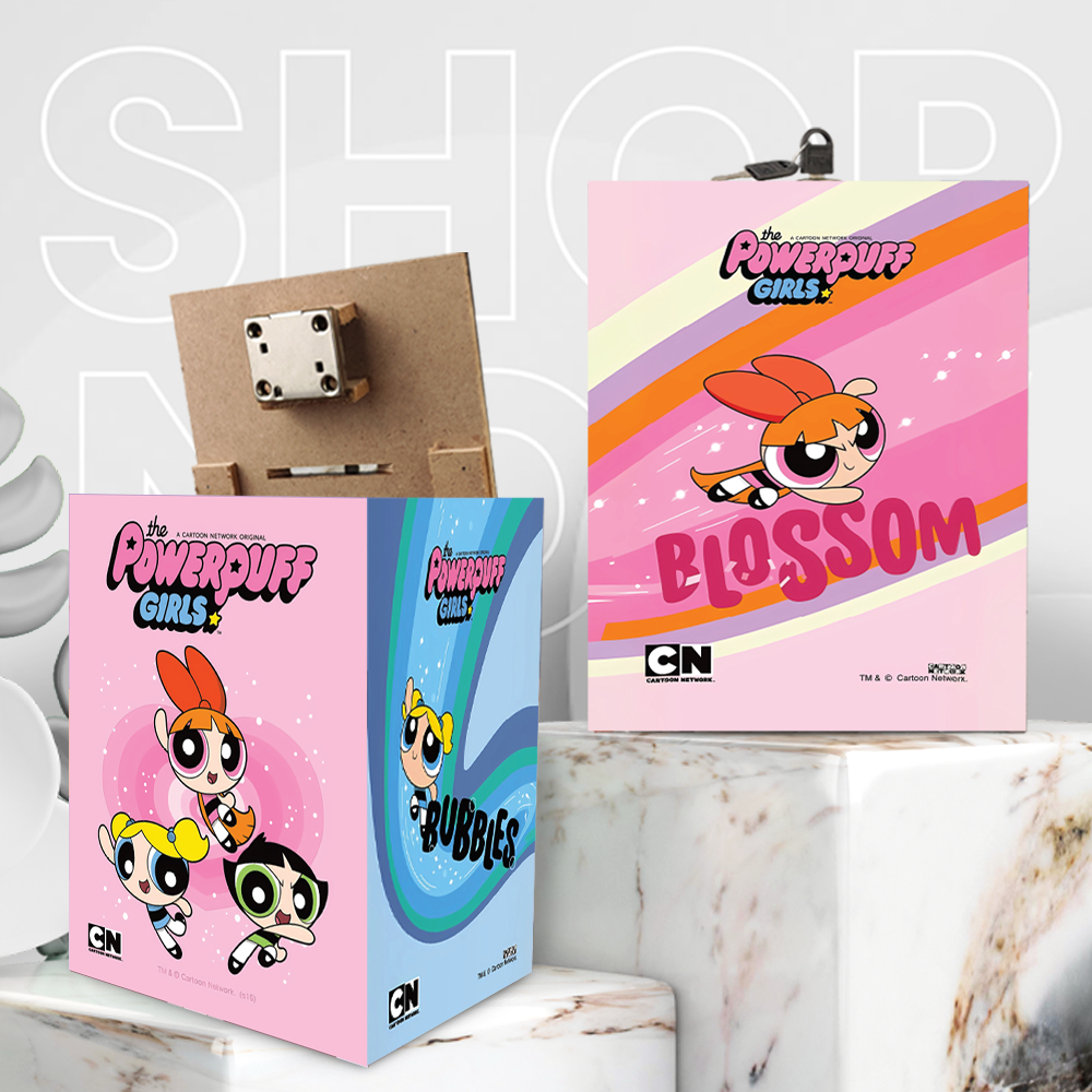 celengan kayu mdf motif anak powerpuff Celengan Besar Bahan Kayu Unik 15X15X20 Cm