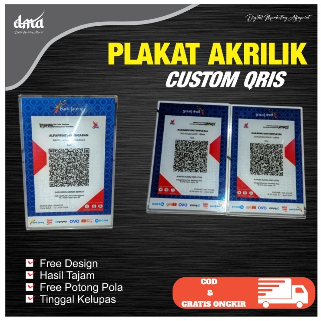

Paket Cetak Qris dengan Stand Akrilik model T dan L (free desain)