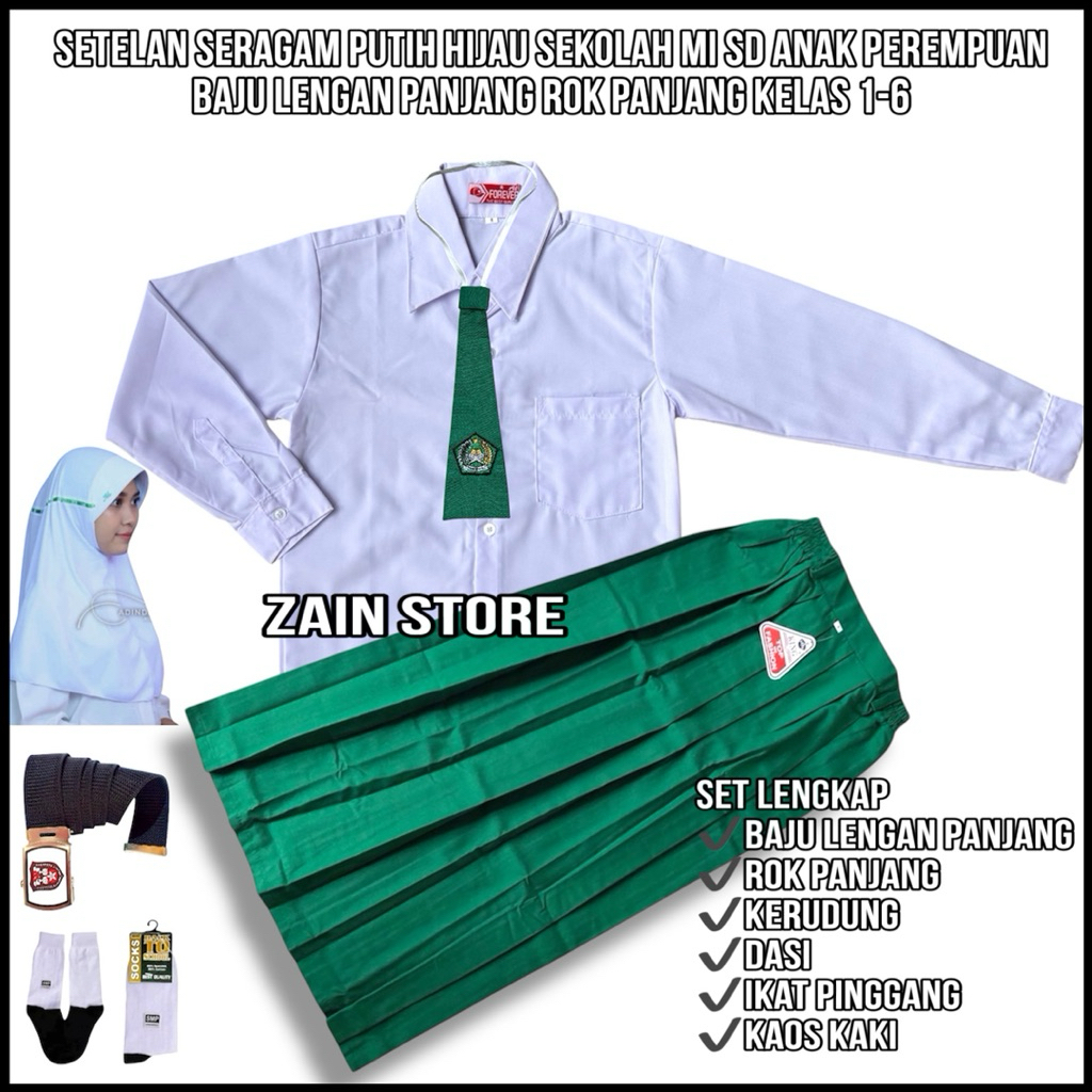 Setelan seragam sekolah Mi SD putih hijau anak perempuan baju putih polos rok hijau Panjang kelas 1-