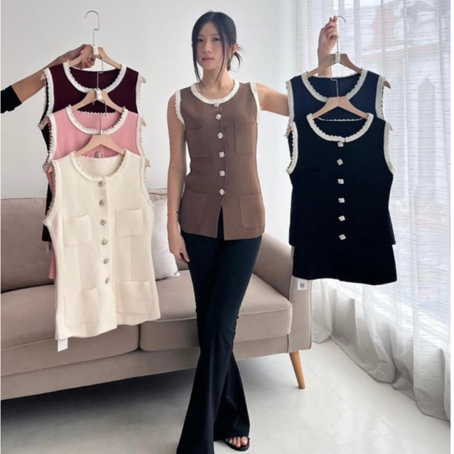 [ Mafia ] Atasan Knit Vest Pearl Wanita Rajut Elegant Fitted Classy Premium Korean Style Import