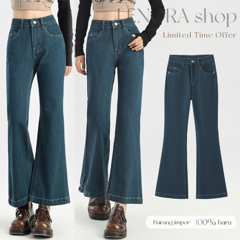 Denim Wanita Gaya Korea Jeans Cropped Hijau Tua Vintage Jeans Flare Kasual Stretch Pinggang Tinggi