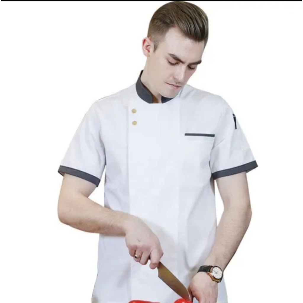 baju chef lengan pendek pria wanita seragam koki