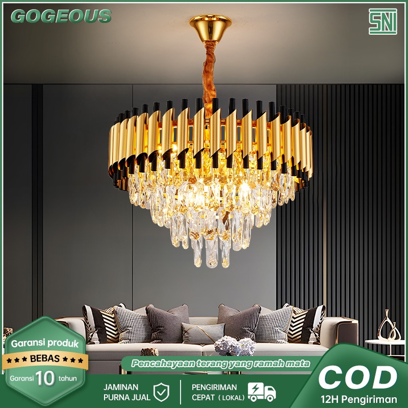 GOGEOUS Lampu Gantung Kristal Tamu Mewah Emas LED Ruang Tamu 3 Warna Lampu Gantung Kristal Hias 50CM