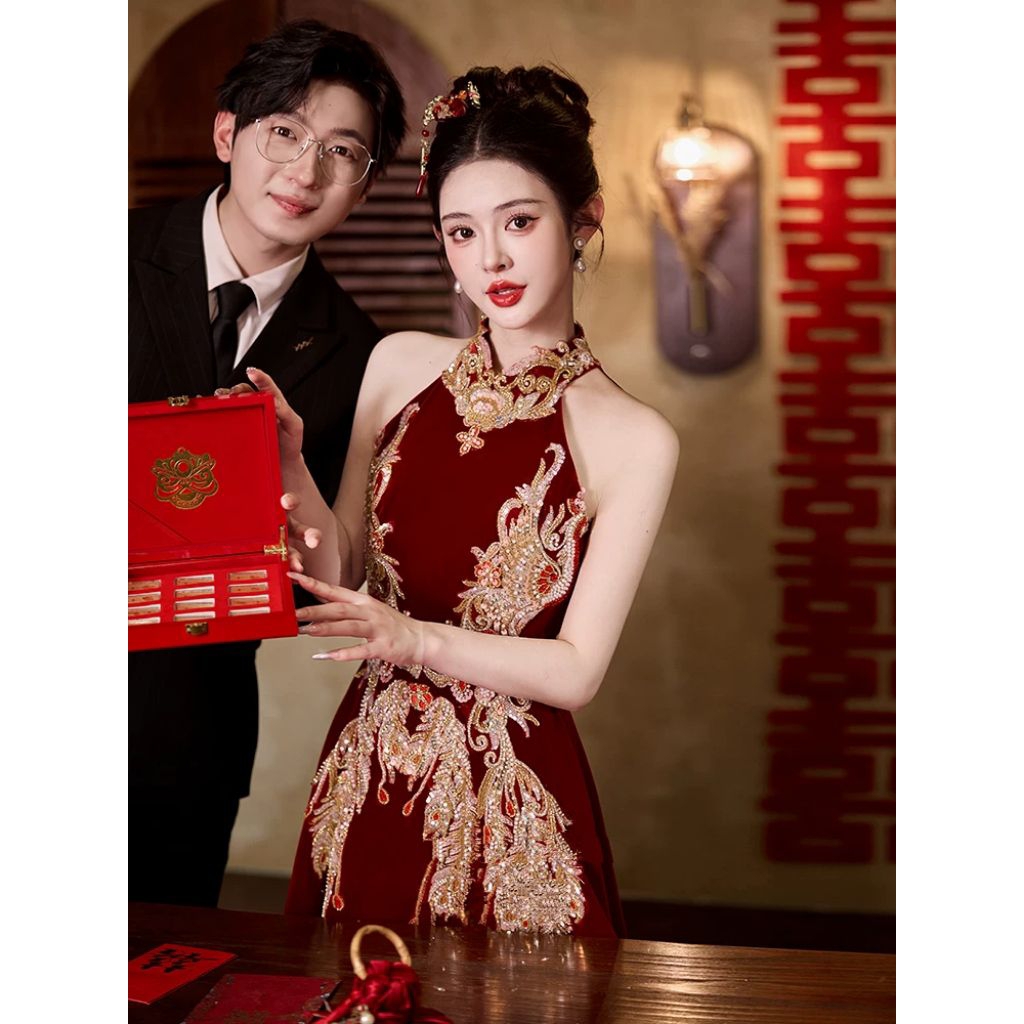 Realpic G321 XS-2XL Gaun cheongsam sangjit gaun bridal mewah impor gaun maroon gold evening dress ga