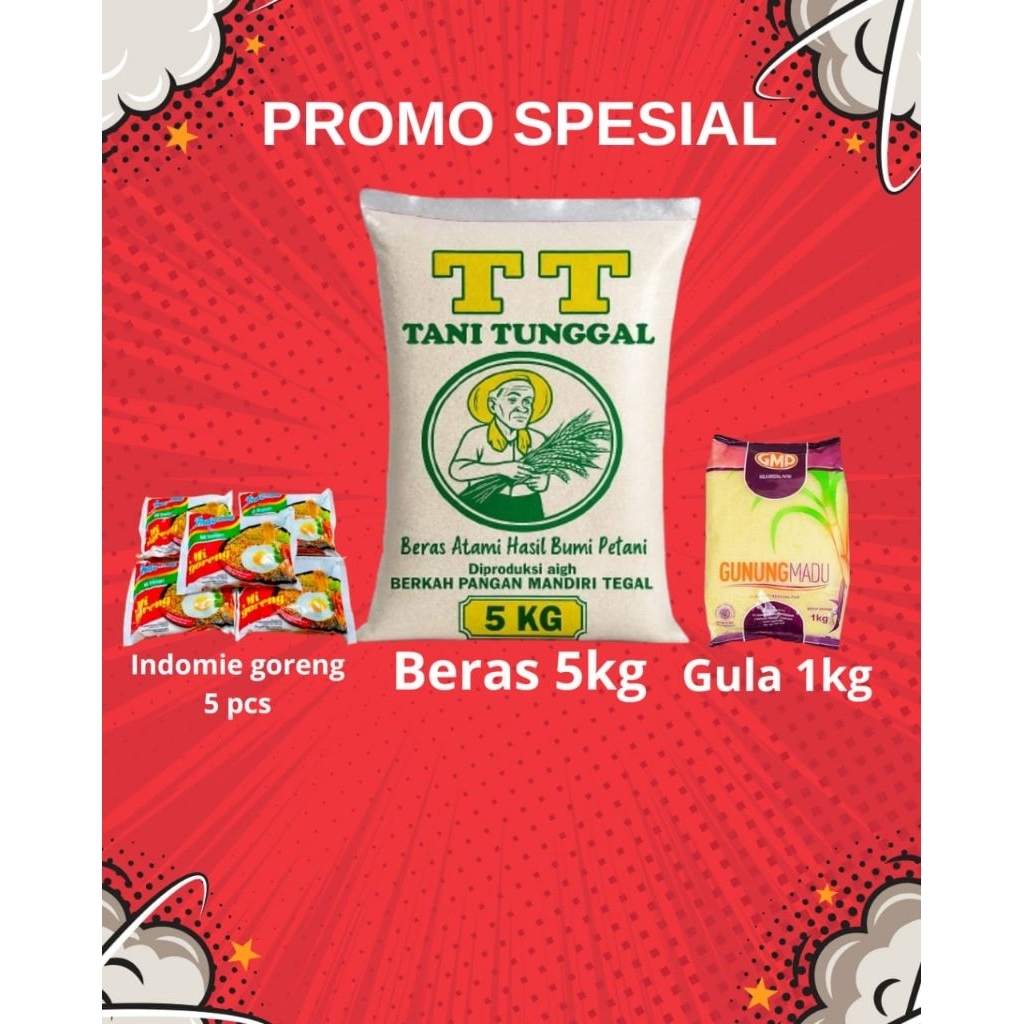 

Paket Hemat Sembako Promo Spesial – Beras 5kg Tani Tunggal + Gula 1kg Gunung Madu + Indomie Goreng 5pcs