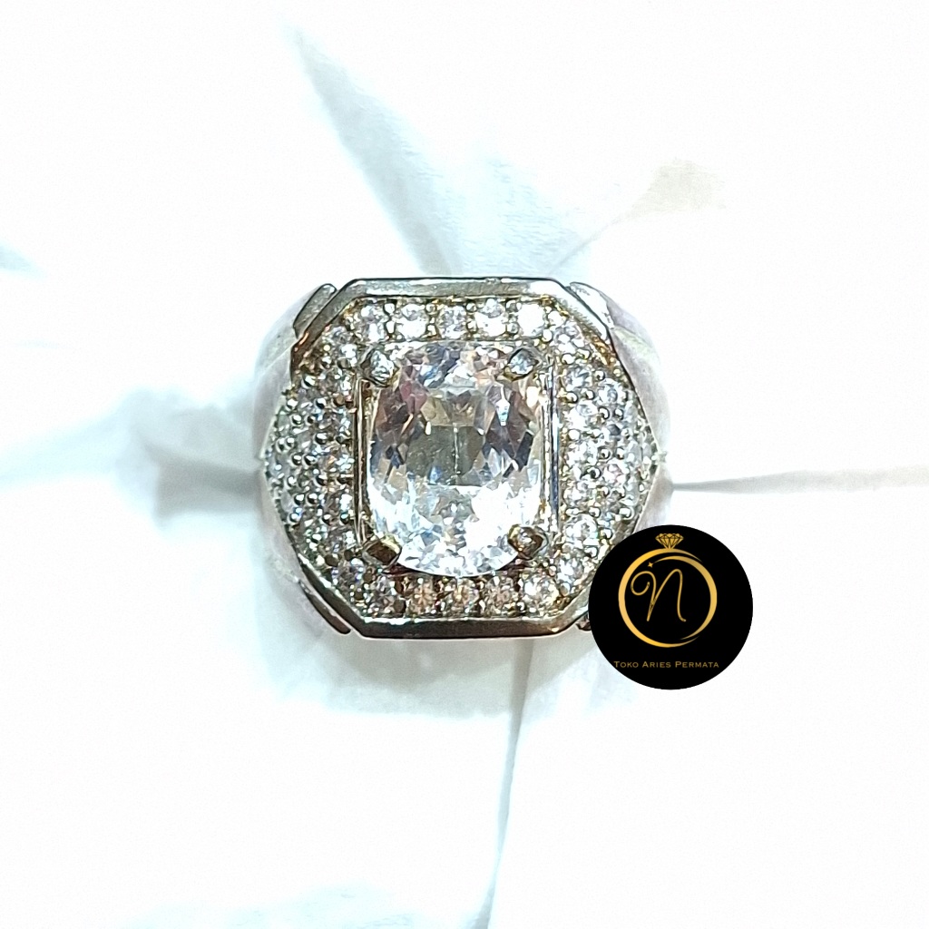 Cincin Batu Permata Natural White Topaz+Free Memo Super Premium dan Super Mewah Dim 10x12