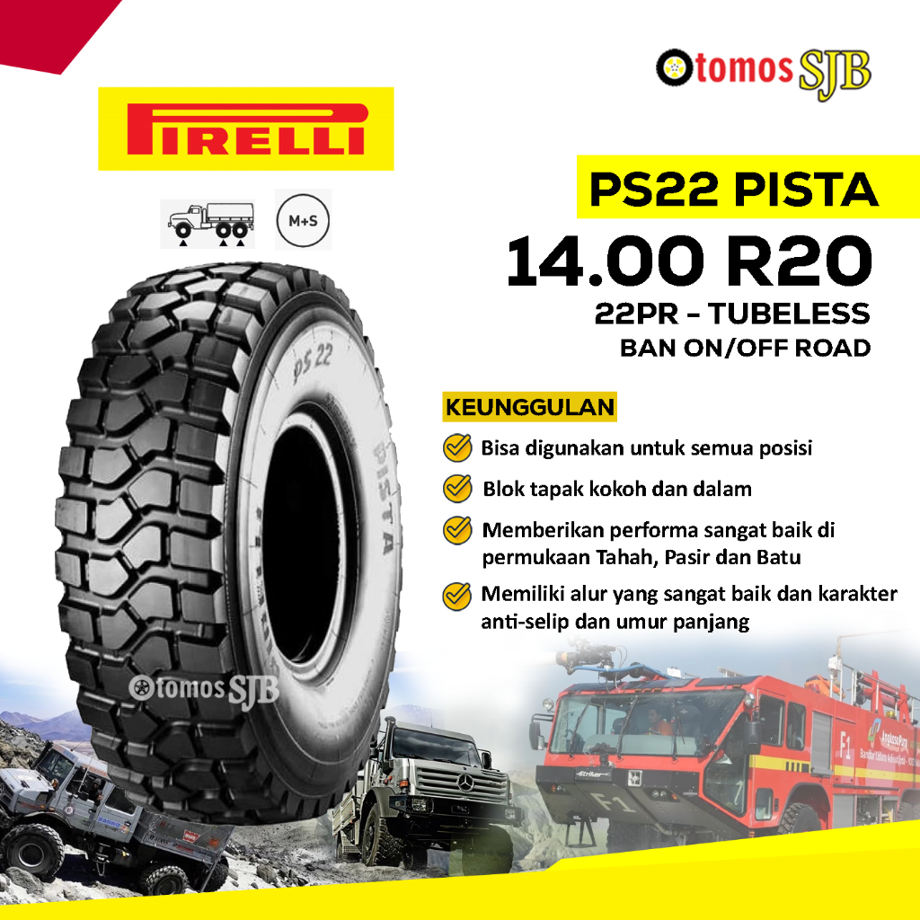 Ban 14.00 R20 22PR Pirelli Pista Tubeless cocok untuk Unimog Damkar Crane ukuran 14.00-20 22PR