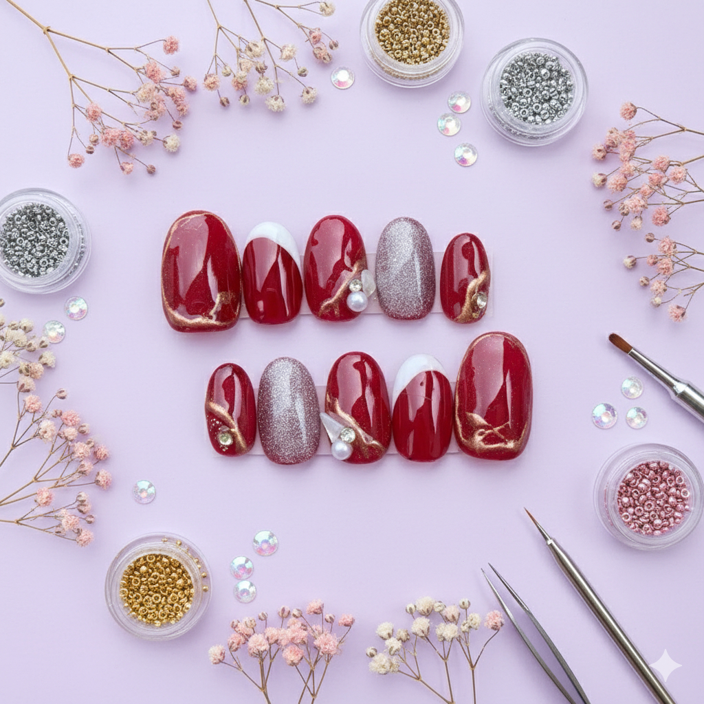 KUKU PALSU ID - Nail art press on nail pengantin| Kuku palsu nail art + lem maroon mewah elegant pre