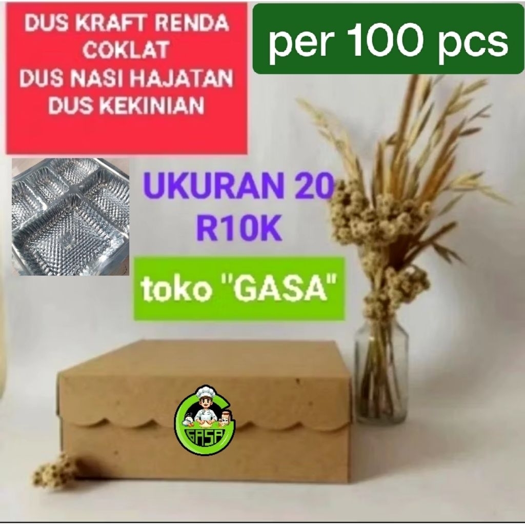 

100 pcs uk20 kerdus dus kotak makan Kraft coklat ukuran 20 350gr / kerdus nasi kotak/ dus Kraft R10K (20x20x7) / dus box nasi / kerdus hajatan / catering / dus Kraft 20x20x7 cm coklat