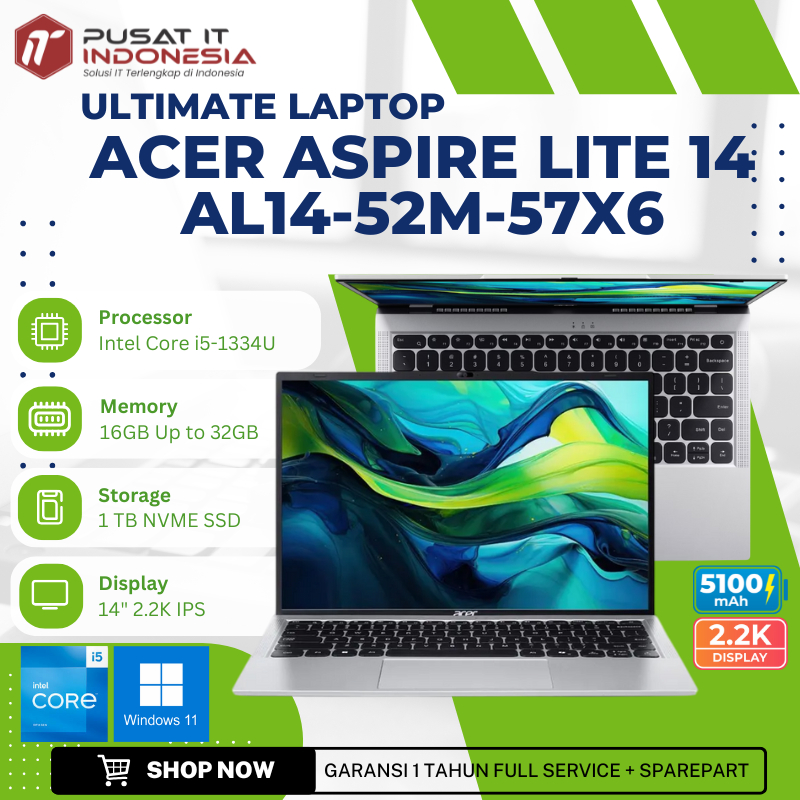 Laptop Acer Aspire Lite 14 - 57X6 14" 2.2K IPS Intel Core i5-1334U RAM 32GB DDR5 SSD 1TB Intel UHD G