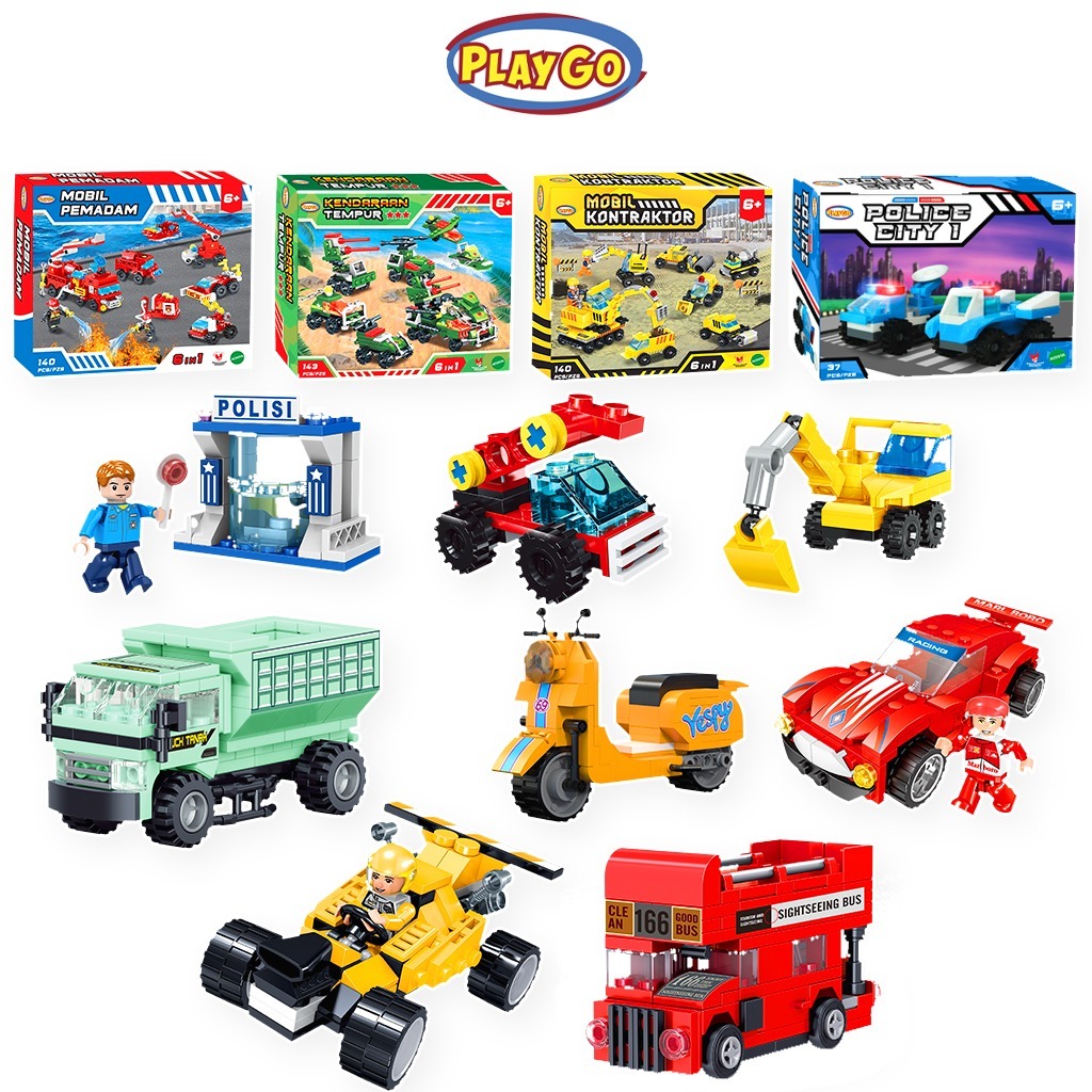 Mainan Playgo Lego (221 Pieces) Building Blocks for Kids Tim Polisi Construction Vespy Truk Series R