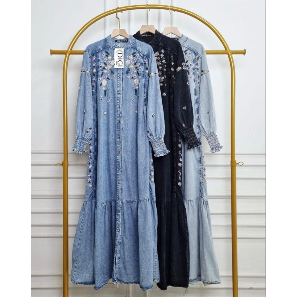 Kayla Gamis Jeans Bordir Bunga Terbaru Bahan Jeans Premium