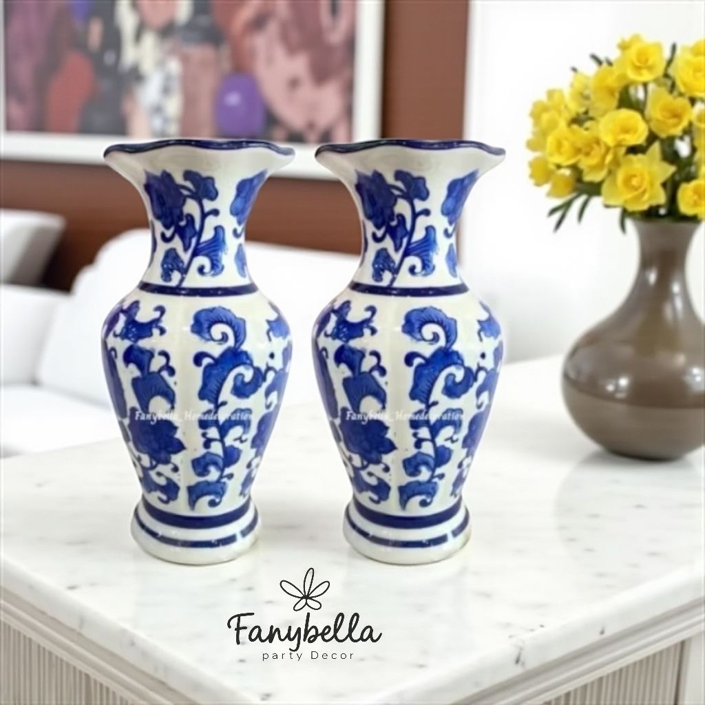 Vas Bunga Keramik Guci Mini Putih Biru Motif Bunga Ukuran 25 cm Aesthetic Dekorasi Rumah import