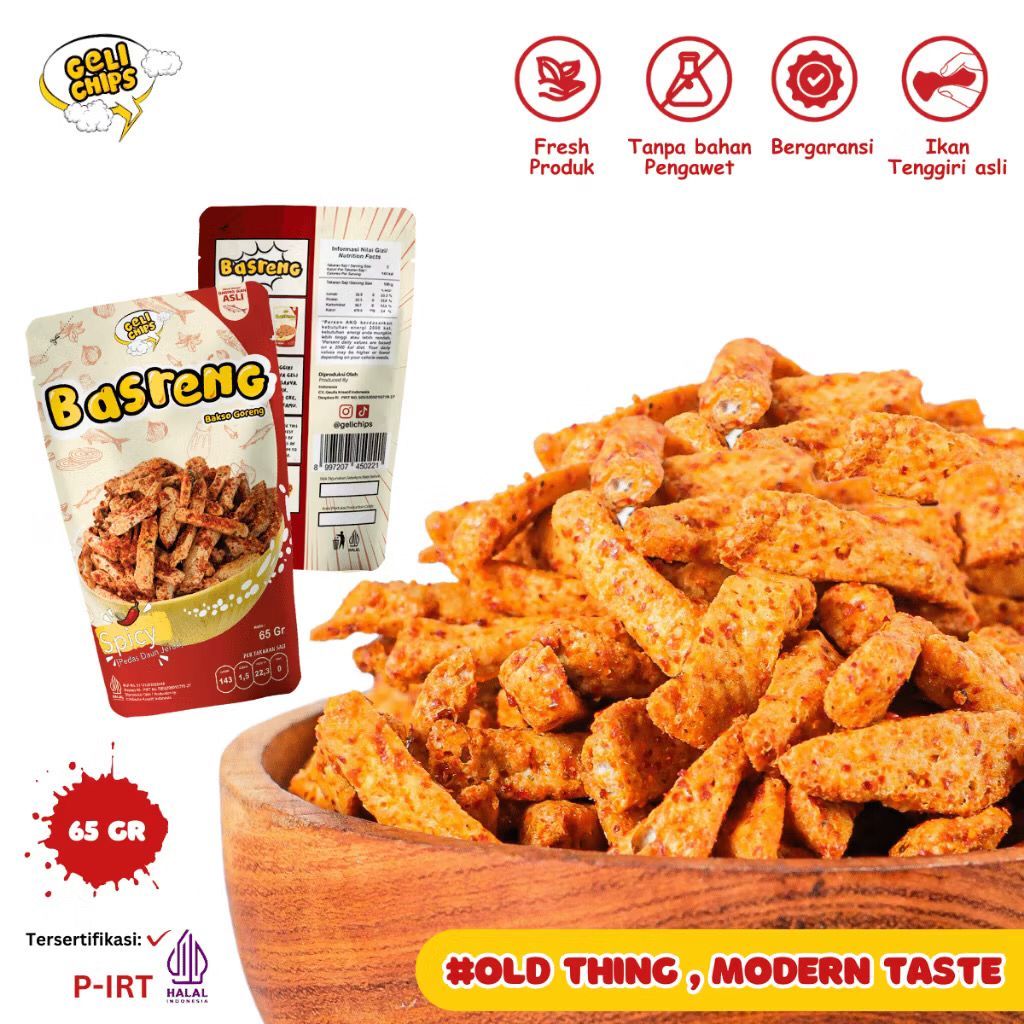 

Basreng Gelichips Baso Goreng Ikan Gurih Renyah Extra Daun Jeruk 65g
