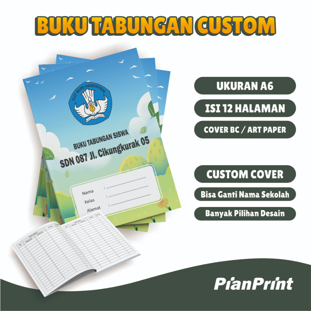 

Buku Tabungan Custom | Buku tabungan sekolah TK Paud MI SD SMP SMA | Custom cover banyak varian desain