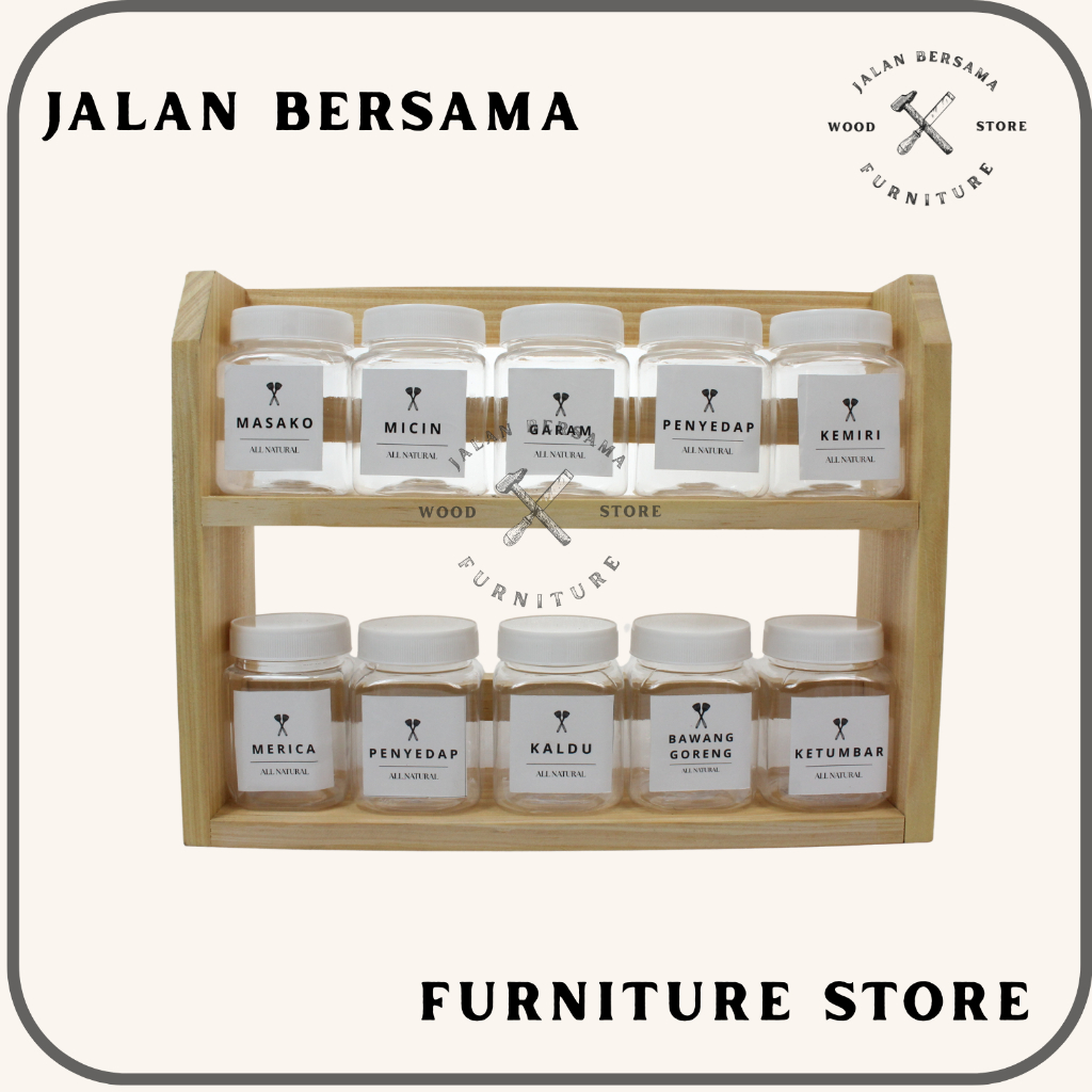 Rak Bumbu Tempat Bumbu Dapur Rak Dapur Kayu Pinus 2 Susun Toples Putih 200ml Free Sticker