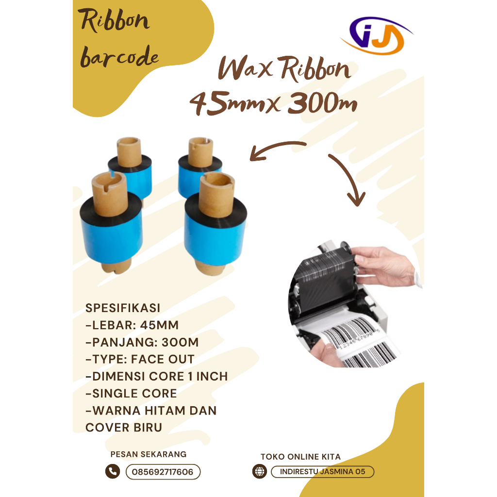 Ribbon Barcode Wax / Sticker Ribbon Barcode Wax / Wax Ribbon 45mm x 300m Face Out