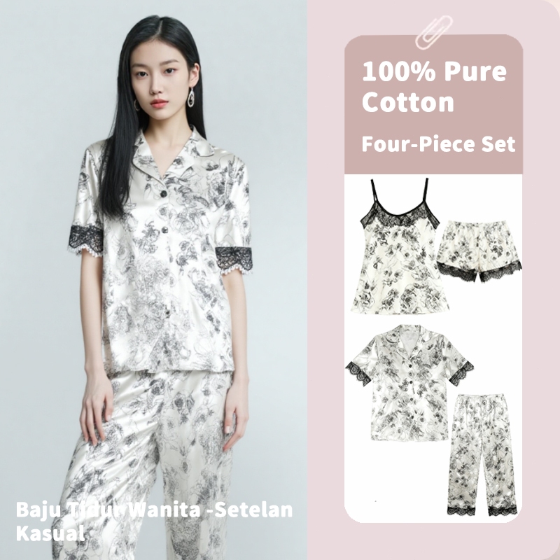 Baju Tidur 4 In 1 Wanita - Piyama Kain Lembut Motif Bunga Hitam Putih/Setelan Bunga Mawar Hitam Puti