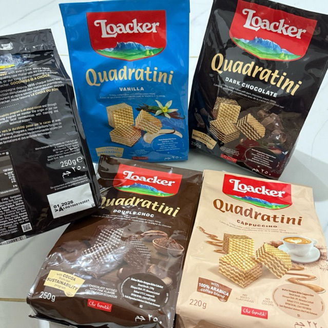 

Loacker Quadratini Uk Besar 250gr Vanilla // Double Coklat // Dark Chocolate // Cappucino Biscuit 250Gr