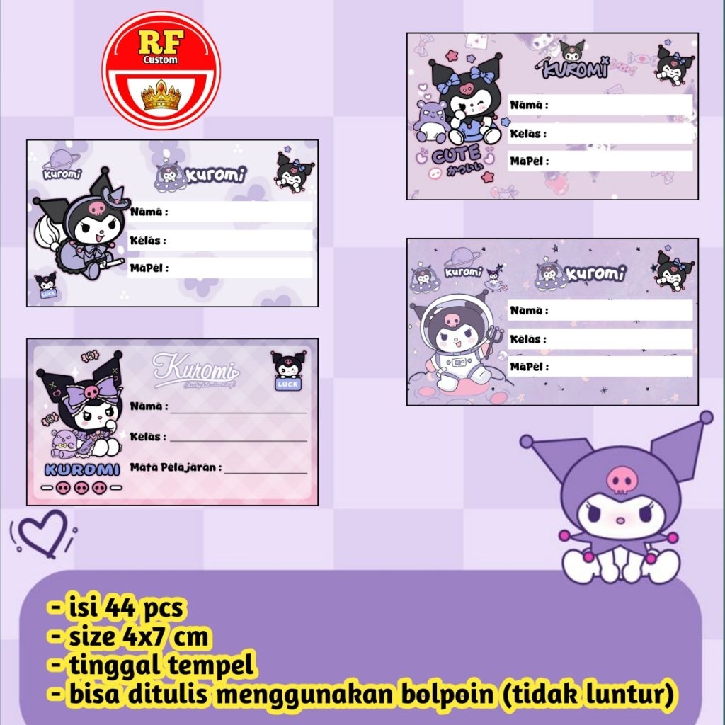 44 PCS STIKER MAPEL / STICKER LABEL NAMA BUKU SEKOLAH / STIKER MATA PELAJARAN TEMA ANIME KUROMI TERB