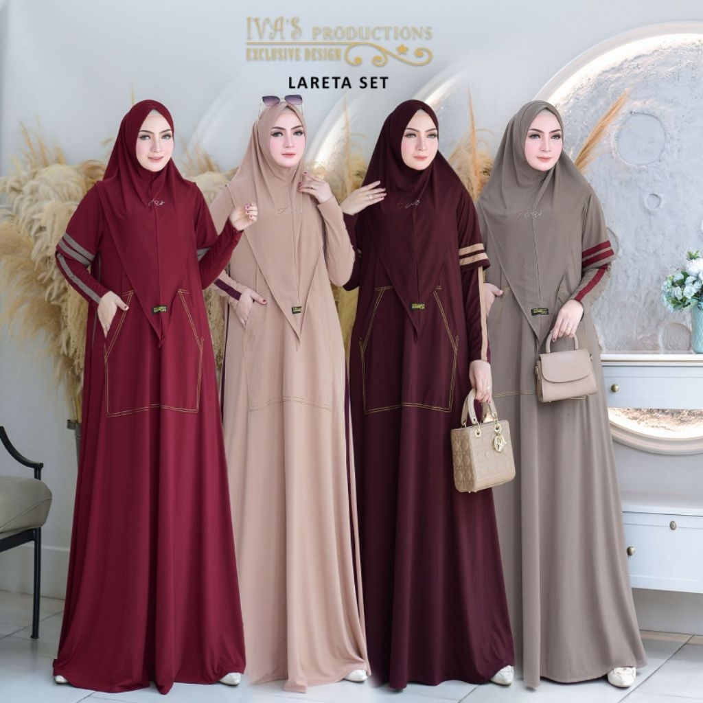 LARETA SET HIJAB BY IVA'S PRODUCTION GAMIS SETT IVAS PRODUCTION TERBARU GAMIS EDISI UMROH GAMIS MEWA