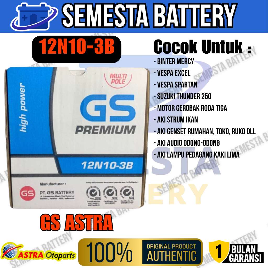 Aki Basah Multipole GS Astra 12N10-3B Garansi 1 Bulan – Cocok untuk Lampu, Binter Merzy, Vespa Excel