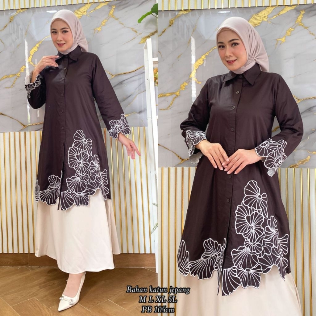 Long Tunik Katun Jepang Atasan Wanita Modern Tunik Bunga Bordir Tunik Kekinian Wanita Muslimah