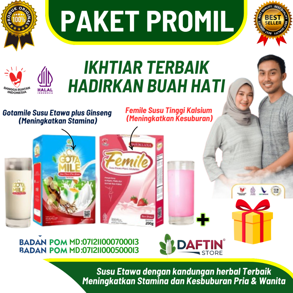 

PAKET PROMIL FEMILE dan GOTAMILE Susu Etawa Promil Meningkatkan Kesuburan Pria dan Wanita