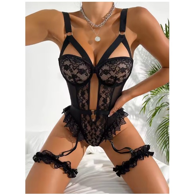 Set Lingerie Garter Renda Bunga Merah 2 buah dengan Choker, Bra Kawat dan Celana Dalam Wanita 2022