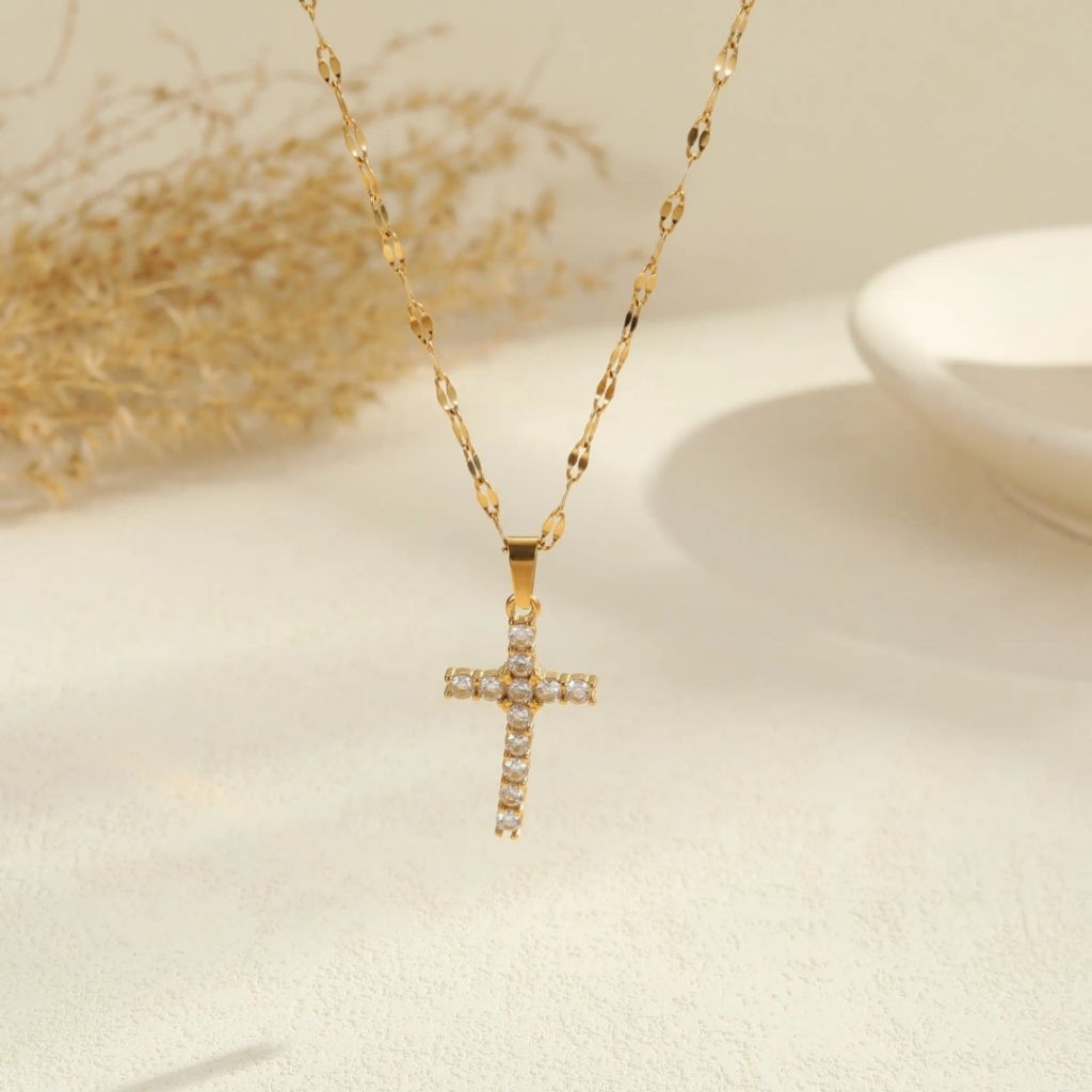 Kalung Salib Emas Permata Premium Titanium Elegan