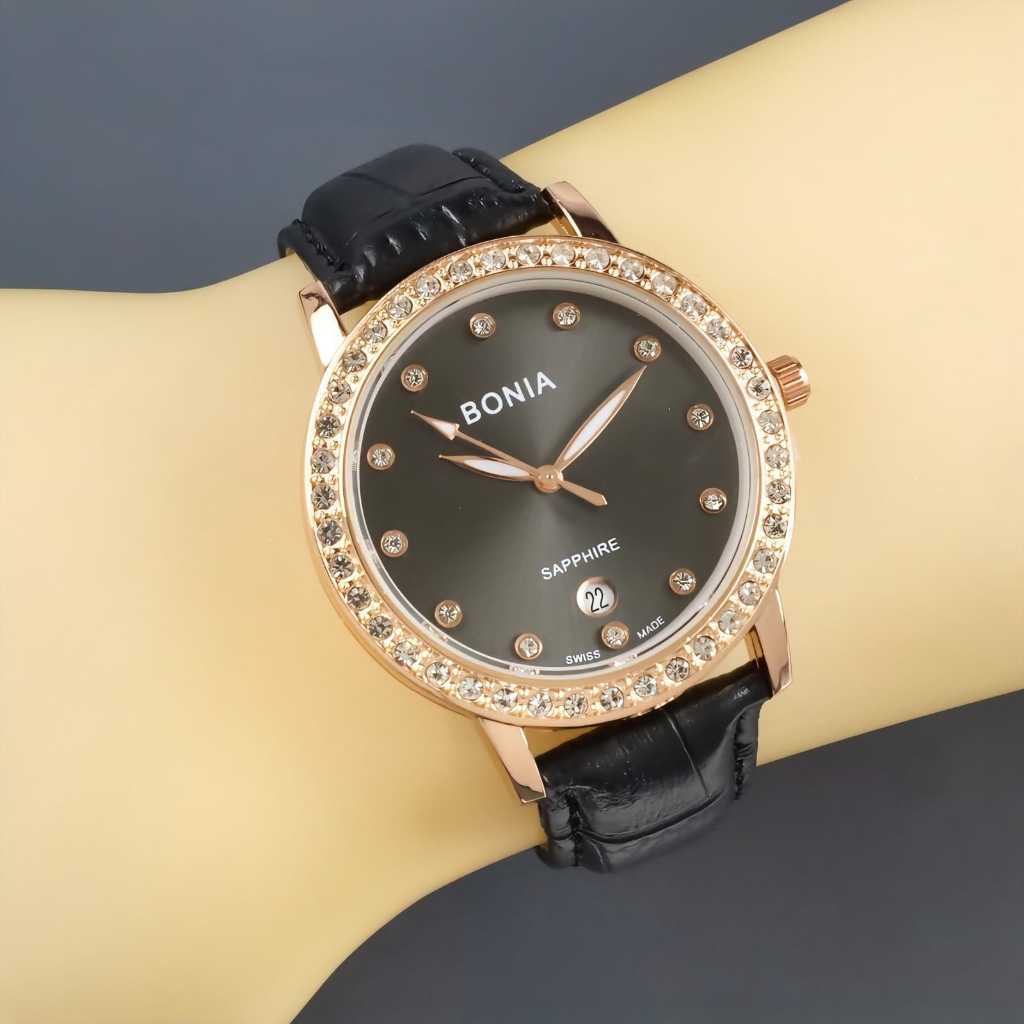 Jam Tangan Wanita Bonia Tali Kulit Body Bulat Mata Mata Tanggal Aktif Box Exclusive
