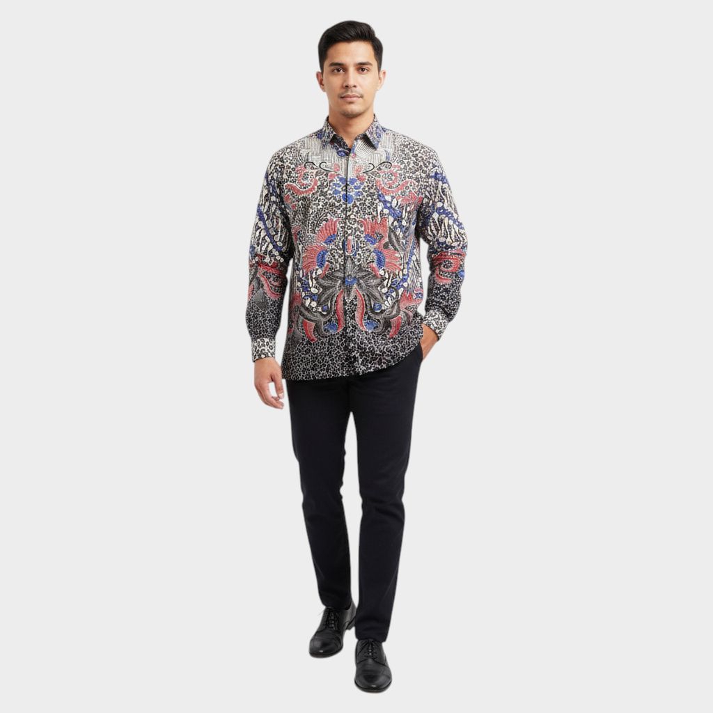 Fatih Batik Medan - Motif Perisai Merah Batik Pria Lengan Panjang KM3487 Katun Seragam Batik Cowok P