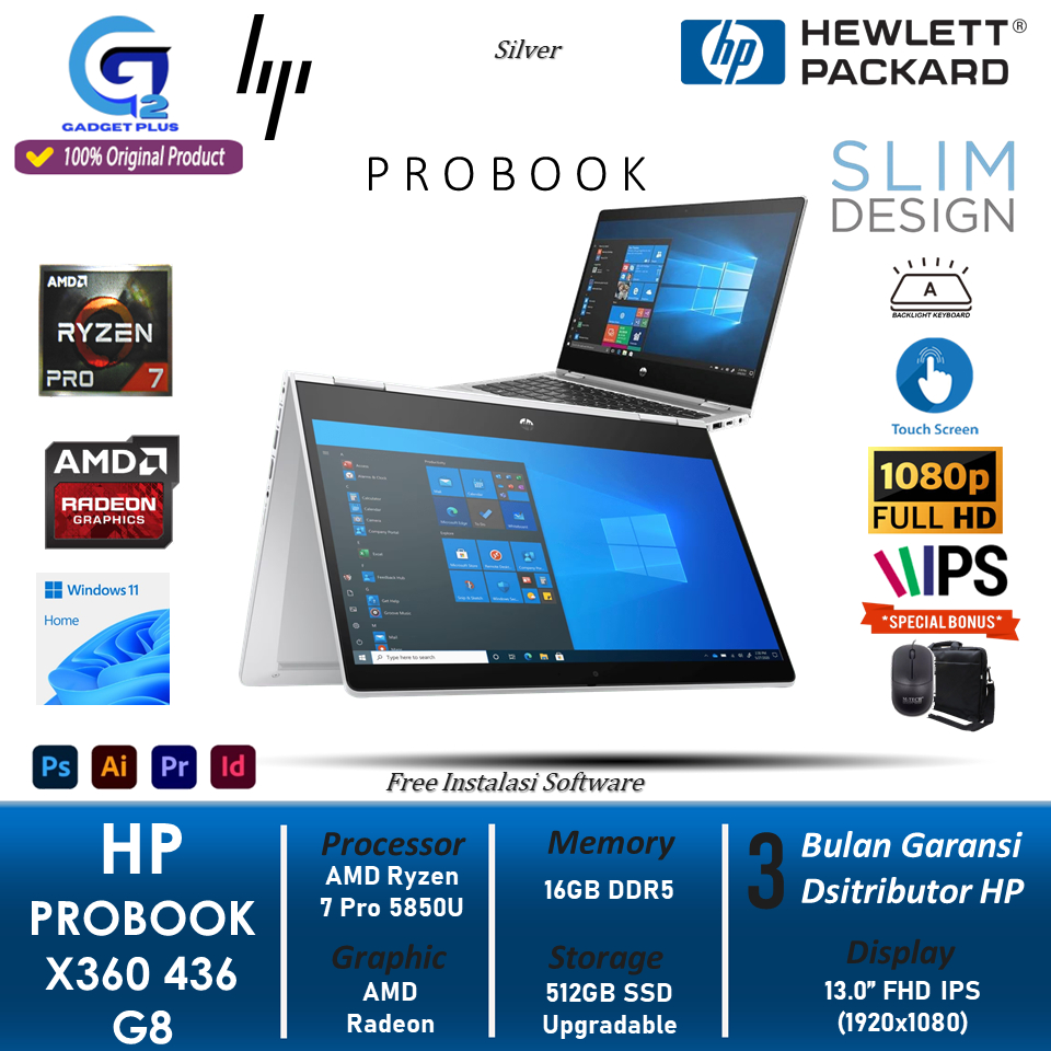 Laptop 2in1 HP PROBOOK X360 435 G8 AMD Ryzen 7 Pro 5850U RAM 16GB 512GB SSD FHD IPS Win11Pro Touch