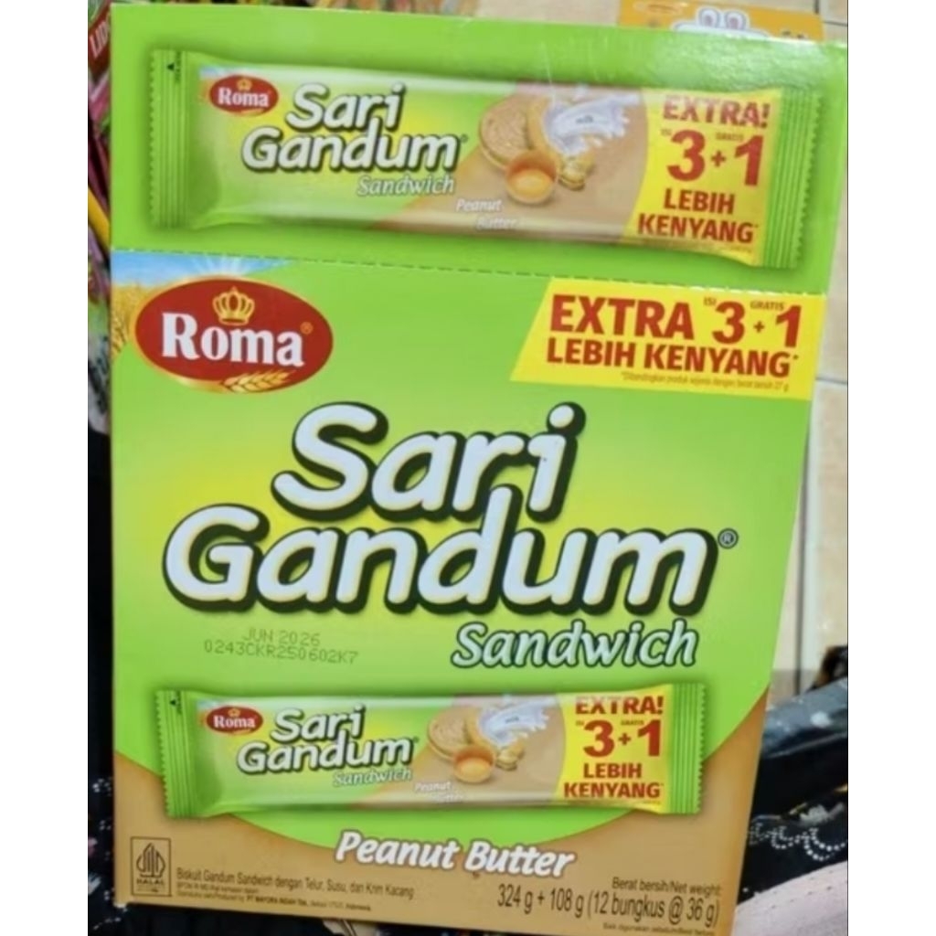 

Roma Sari Gandum Sandwich Rasa Kacang Peanut 1 Kotak isi 12 Pcs