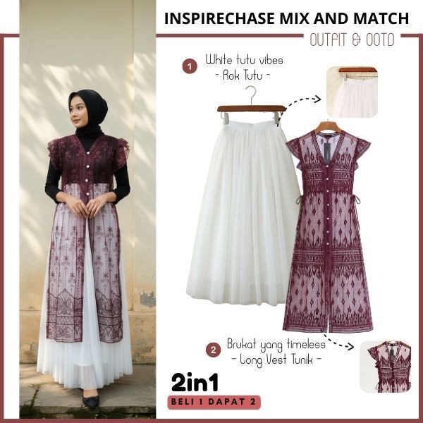 One Set Outer Brukat Sapto Burgundy (Outer Tunik Brukat + Rok Tutu Rok Tutu Panjang Tile 2 Lapis)